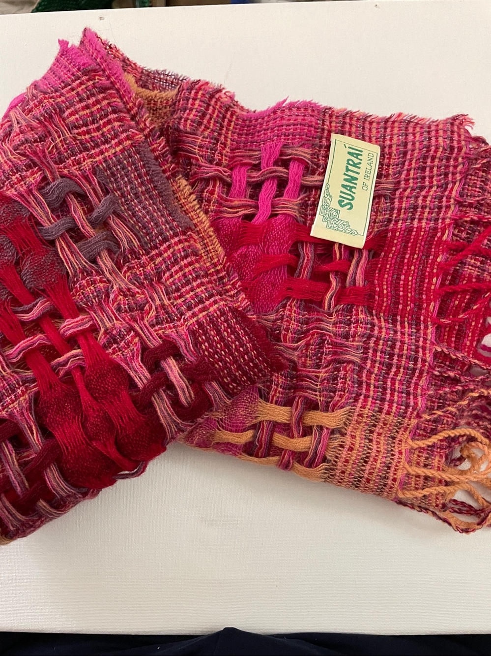 Suantrai of Ireland 100% wool  Vibrant Pink red Multi-Color Open-Weave Scarf